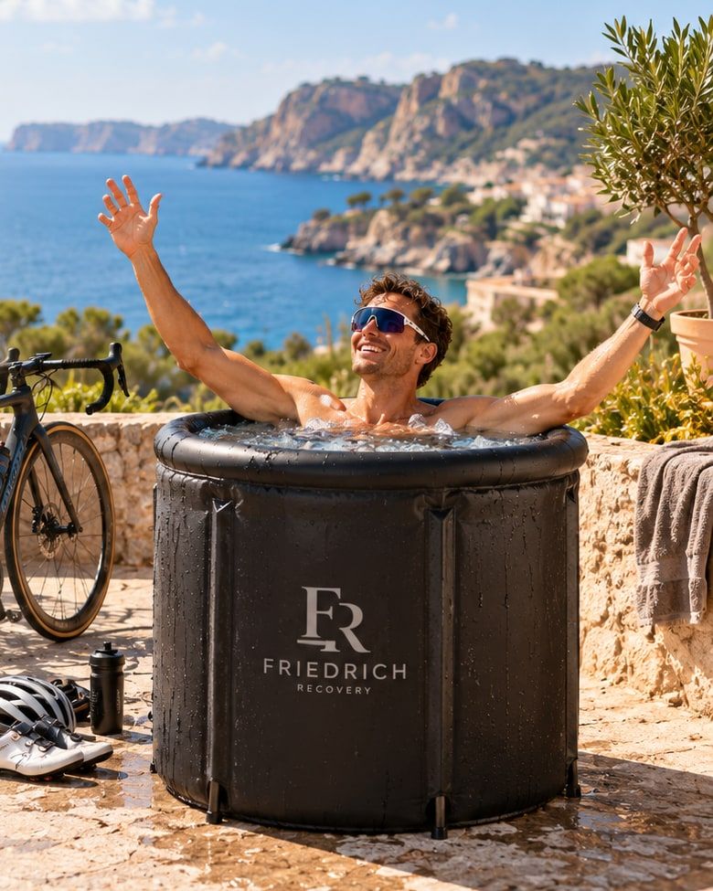 Hombre en una bañera de hielo de Friedrich Recovery en una terraza de piedra sobre la costa rocosa de Mallorca, junto a una bicicleta de carretera