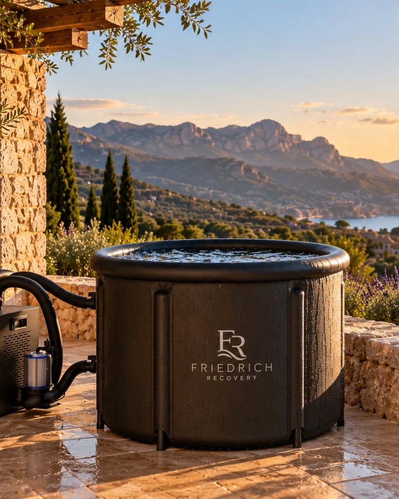 Eisbad von Friedrich Recovery mit Kühlgerät auf einer Natursteinterrasse, dahinter Lavendel, Zypressen und die Serra de Tramuntana im Abendlicht